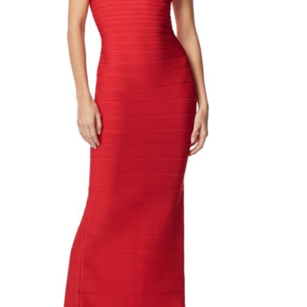 Herve Leger Red Ribbed Halter Sheath Dress